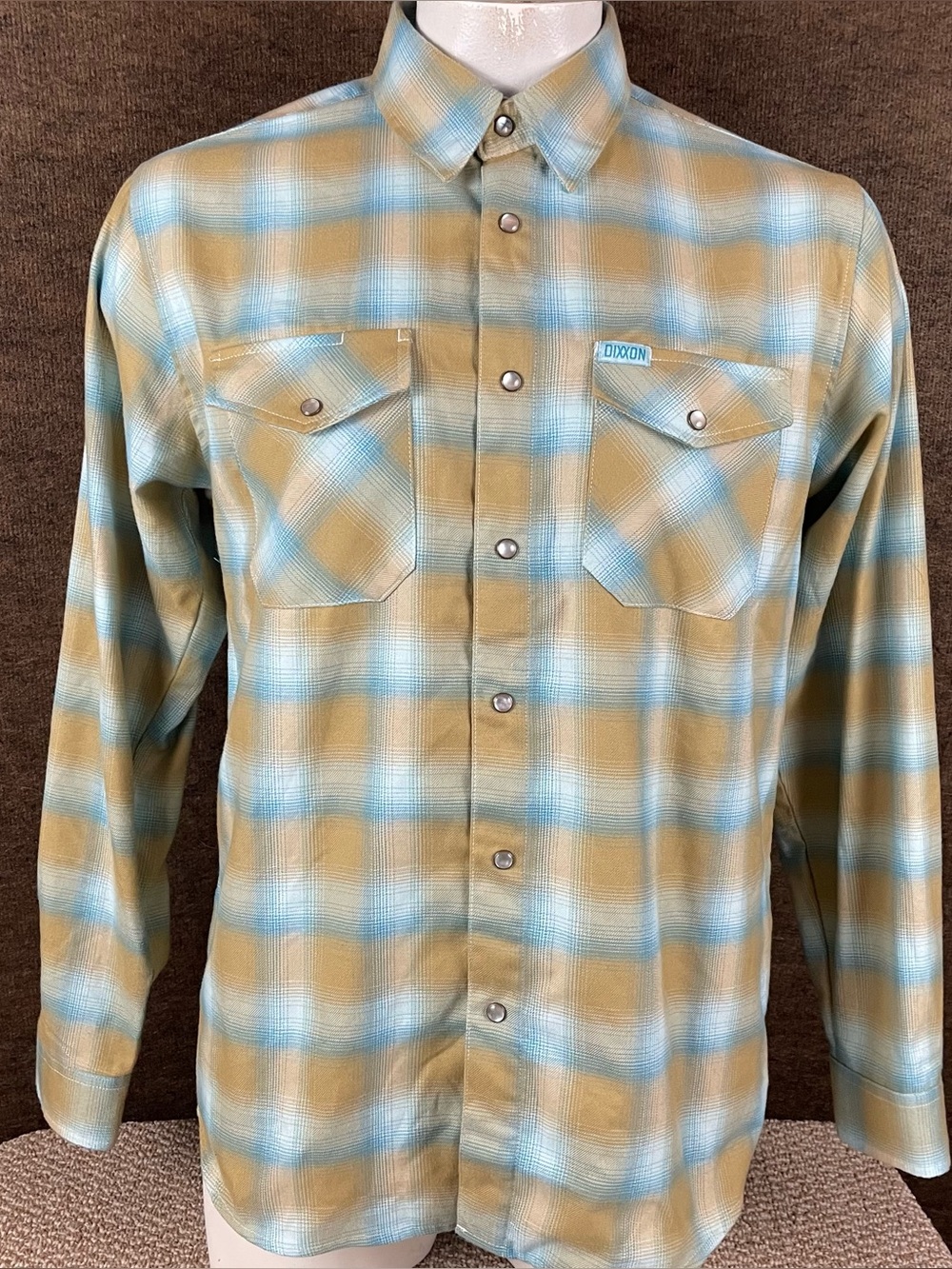 Dixxon Flannel Shirt Mens L Pale Ale Beige Blue Plaid Pearl Snap Pockets F364